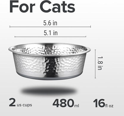 URBUDDIES 2 Pack Hammered Stainless Steel Cat Bowls, Premium Metal Cat Bowls with Non Slip Rubber Bottom, Dishwasher Safe, Easy to Clean, 2 Cup, Gray Bottom
