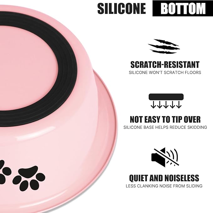 Stainless Steel Dog Bowls, Nonslip Rubber Bottom No Spill Proof Skid Metal Insulated Dog Bowls for Large Medium Small Breed Dogs (Pink, 6.6 Cups/53 OZ)