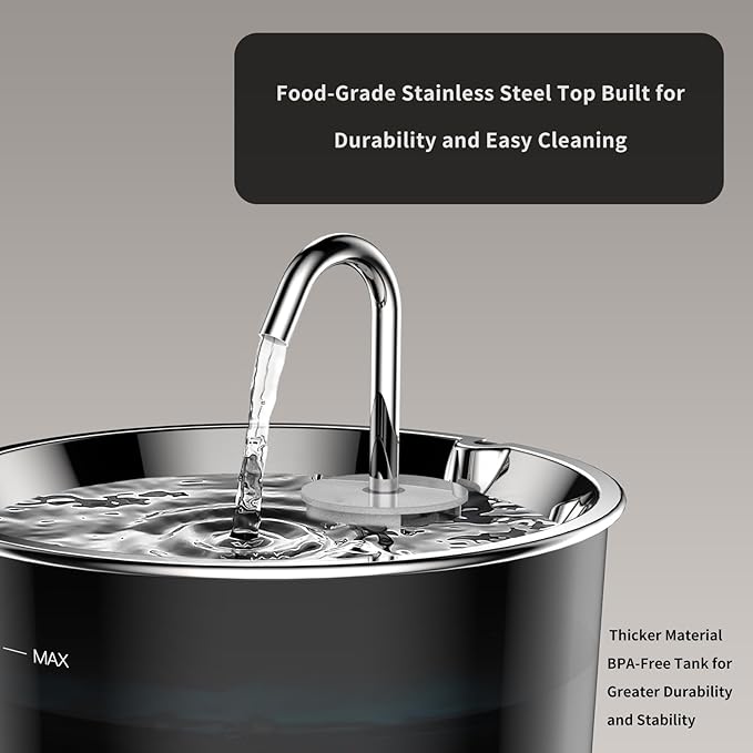 Cat Water Fountain Stainless Steel Lid, Corded 3L/101oz Pet Water Fountain, Dog Waterer with Quiet Pump and 4-Layer Filtration for Cats and Dogs