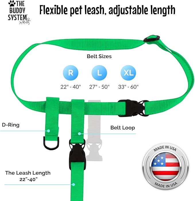 The Buddy System Hands Free Dog Leash, Adjustable Leash for Running, Jogging, Training and Service Dogs, Great for Small, Medium and Large Dogs, Made in USA (Green, X-Large Belt (33"- 60" Waist))