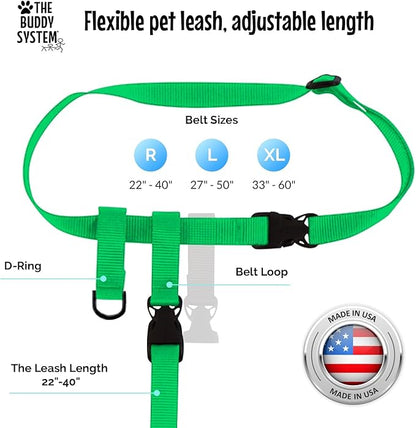 The Buddy System Hands Free Dog Leash, Adjustable Leash for Running, Jogging, Training and Service Dogs, Great for Small, Medium and Large Dogs, Made in USA (Green, Large Belt (27"- 50" Waist))