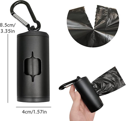 Aluminum Dog Poop Bags Holder with Carabiner Metal Pet Waste Bags Dispenser with Hook and Loop Fastener and Elastic Cord to Carry Used Bags (Black)