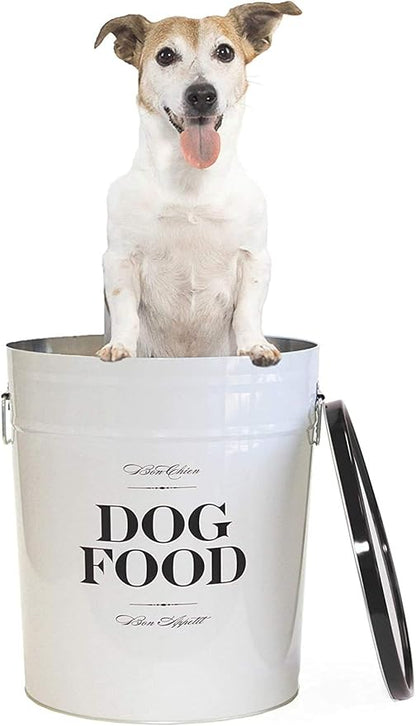 Harry Barker Bon Chien Dog Food Storage Canister – Small 3.5 gallons, Airtight Stainless Steel Pet Food Container, Stylish Kitchen Counter Dog Kibble Storage with Easy-Open Lid - White