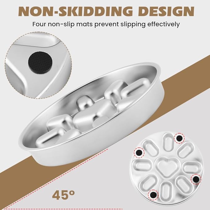 Slow Feeder Dog Bowls with Measuring Spoon, Stainless Steel Slow Feed Pet Bowl with Non-Slip Mat, Metal Feeder Dog Bowl for Small, Medium, Large Dogs to Slows Down Eating