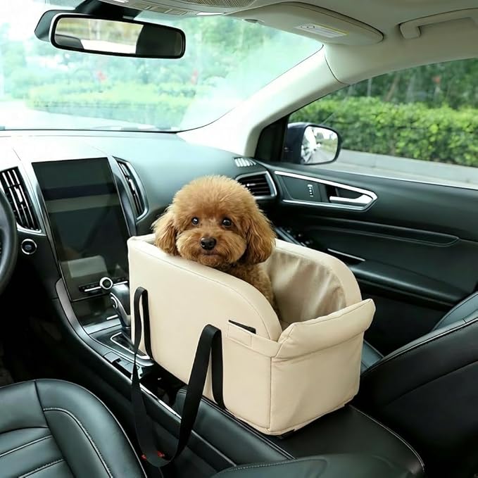 Waterproof Faux Leather Center Console Dog Car Seat, 2-in-1 Portable Puppy Carrier & Armrest Booster Seat for Small Dogs, Easy-to-Clean Tech Fabric, Sturdy Cushioned, Anti-Collapse Walls, Under 11 lbs