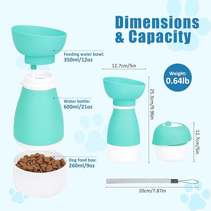 Dog Water Bottle with Food Container, Portable Dog Cat Puppy Pet Water Dispenser Feeder for for Pets Travel, Walking, Hiking and Outdoor Activities