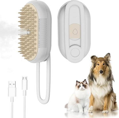 4-in-1 Rechargeable Cat & Dog Steam Brush for Shedding, Self-Cleaning Pet Groomer with Rotating Handle for Massaging & Hair Removal, for Long/Short Haired Pets (Beige)