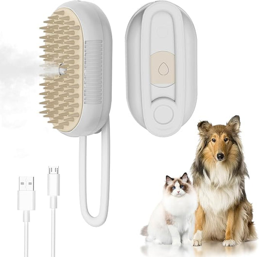 4-in-1 Rechargeable Cat & Dog Steam Brush for Shedding, Self-Cleaning Pet Groomer with Rotating Handle for Massaging & Hair Removal, for Long/Short Haired Pets (Beige)