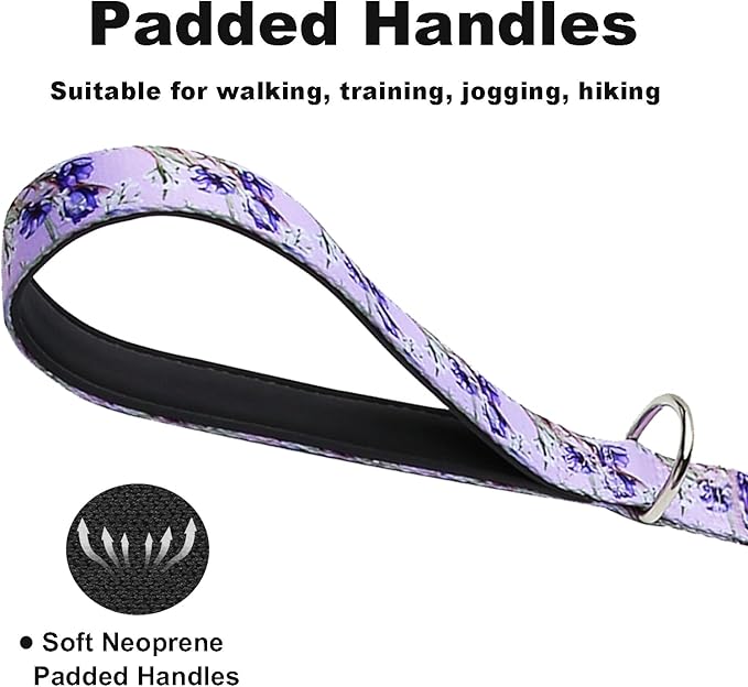Dog Leash for Small Dogs, 5ft Dog Lead with Padded Handle, Cute Purple Dog Leash for Walking, Lavender Lily