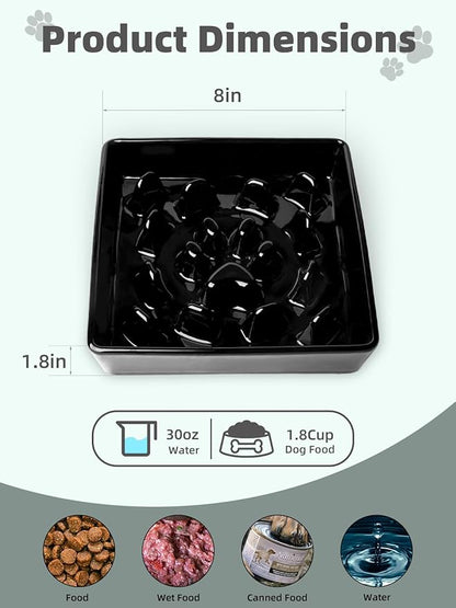 Ceramic Slow Feeder Dog Bowl, 1.8 Cup Fun Pet Food Dish for Small & Medium Breeds to Slow Down Eating, Anti-Gulping, Stop Bloat, Preventing Choking (Black)