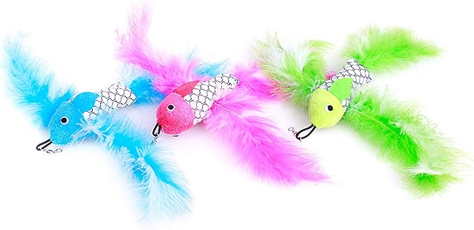 2 Pcs Cat Toys Interactive Refill Replacement Feather Pack Furry Tail Butterfly Dragonfly Fish Mouse Caterpillar Worm Birds Feathers for Kitten Cats, 21 Variety Styles CT15-4 Flying Fish