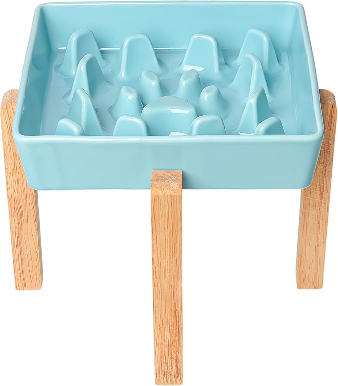GDCZ Dog Slow Feeder Bowls, Square Ceramic Pet Food Bowl for Medium Breed, Fun Dog Bowls to Slow Down Eating (Turquoise, M-1.8 Cups+Stand)