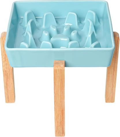 GDCZ Dog Slow Feeder Bowls, Square Ceramic Pet Food Bowl for Medium Breed, Fun Dog Bowls to Slow Down Eating (Turquoise, M-1.8 Cups+Stand)