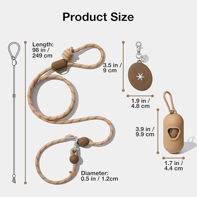 VETRESKA Hands-Free Dog Leash, 8FT Adjustable Rope Leash for Medium Large Dogs, Waist/Crossbody Slip Lead Leashes for Walking, No Pull Dog Leashes with Bag Dispenser, Clip, 3 in 1 Walk Kit (Coffee)