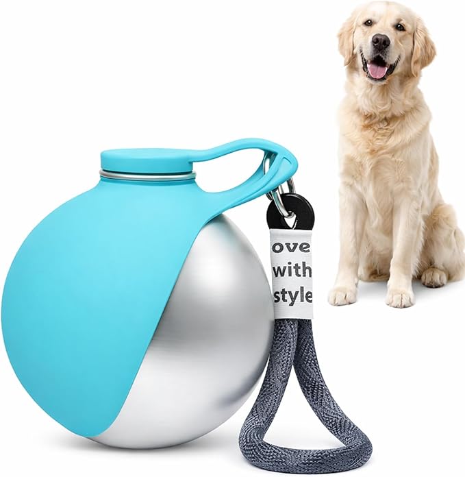 Foldable Pet Water Bottle, Portable Leak Proof Dog Water Bottle with Silicone Drinking Bowl, 304 Stainless Steel Travel Water Dispenser for Dogs and Cats, 287ML (Blue)