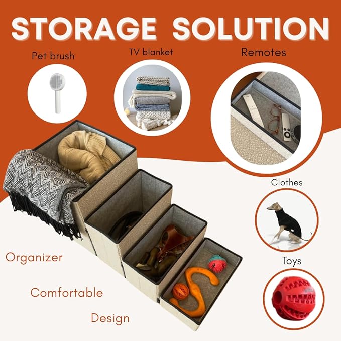 5-Step Dog Stairs for Small, Medium Dogs with Storage Box - Durable Folding Pet Steps, Padded Lid and Container; Dog Steps for Bed and Couch + Hair Brush Gift (Terracotta, Large, 5.0)