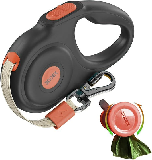 Retractable Dog Leash 16FT for Small & Medium Dogs, Sturdy Heavy-Duty Nylon Tape with Secure Locking Carabiner & Poop Bag Holder, Smooth One-Hand Control, Anti-Slip Handle, Tangle-Free Design (Black)