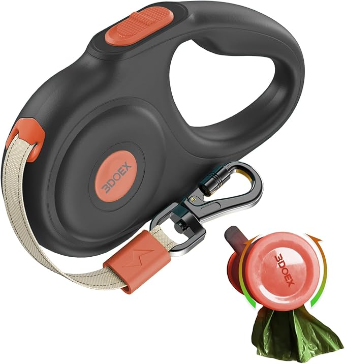 Retractable Dog Leash 10FT for Small & Medium Dogs, Sturdy Heavy-Duty Nylon Tape with Secure Locking Carabiner & Poop Bag Holder, Smooth One-Hand Control, Anti-Slip Handle, Tangle-Free Design (Black)