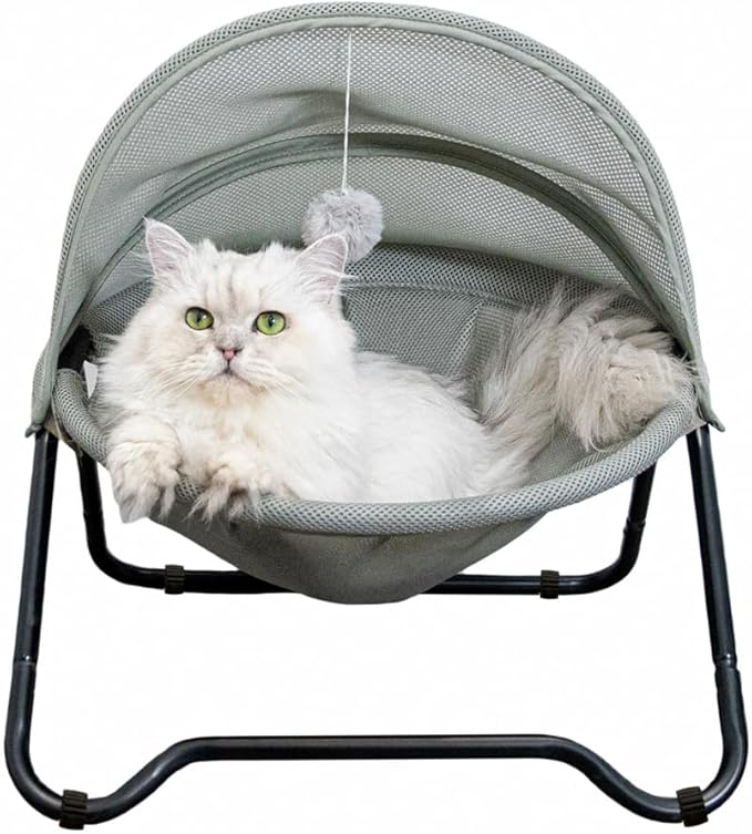 Cat Hammock Bed Elevated cat Bed, Comfortable and Breathable Pet Bed with Awning and Plush Toy, No-Tools Assemble, Cover Removable and Washable, Suitable for Indoor and Outdoor Use