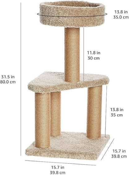 Amazon Basics Cat Tree - Multi-Level Climbing Activity Tower with Jute Rope Scratching Posts for Indoor Cats & Kittens, Medium (31.5"H), Beige