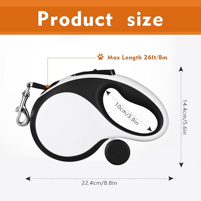 26Ft Retractable Dog Leash with Chew Proof Cable,Heavy Duty Dog Leash with Removable Poop Bags for Medium Large Dogs up to 110lbs,Strong Nylon Tape No Tangle,One-Handed Brake (White)