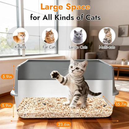 Vivifying XL Stainless Steel Cat Litter Box, High Side Metal Litter Pan with Scoop and Mat for Big Cats, Kittens, Rabbits and Hamsters, Easy Cleaning Design (Gray)