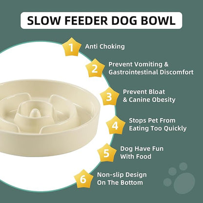 Ceramic 1.2 Cup Slow Feeder Dog Bowl for Medium and Small Breed, 7.3inch Puzzle Dog Food Dish, Anti-Gulping, Stop Bloat, Preventing Choking (Single Bowl-Light Yellow)