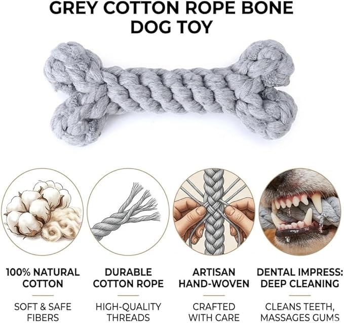 Dog Rope Toys Set with Bone-Shaped Chew Toy, Durable Cotton Rope Toys for Teething, Training, and Interactive Play for Small to Medium Dogs (Gray)