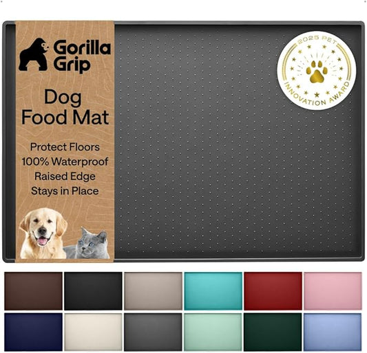 GORILLA GRIP 100% Waterproof Raised Edge BPA Free Silicone Pet Feeding Mat, Dog Cat Food Mats Contain Spills Protects Floors, Placemats for Cats and Dogs Water Bowl, Pets Accessories 16x10, Charcoal