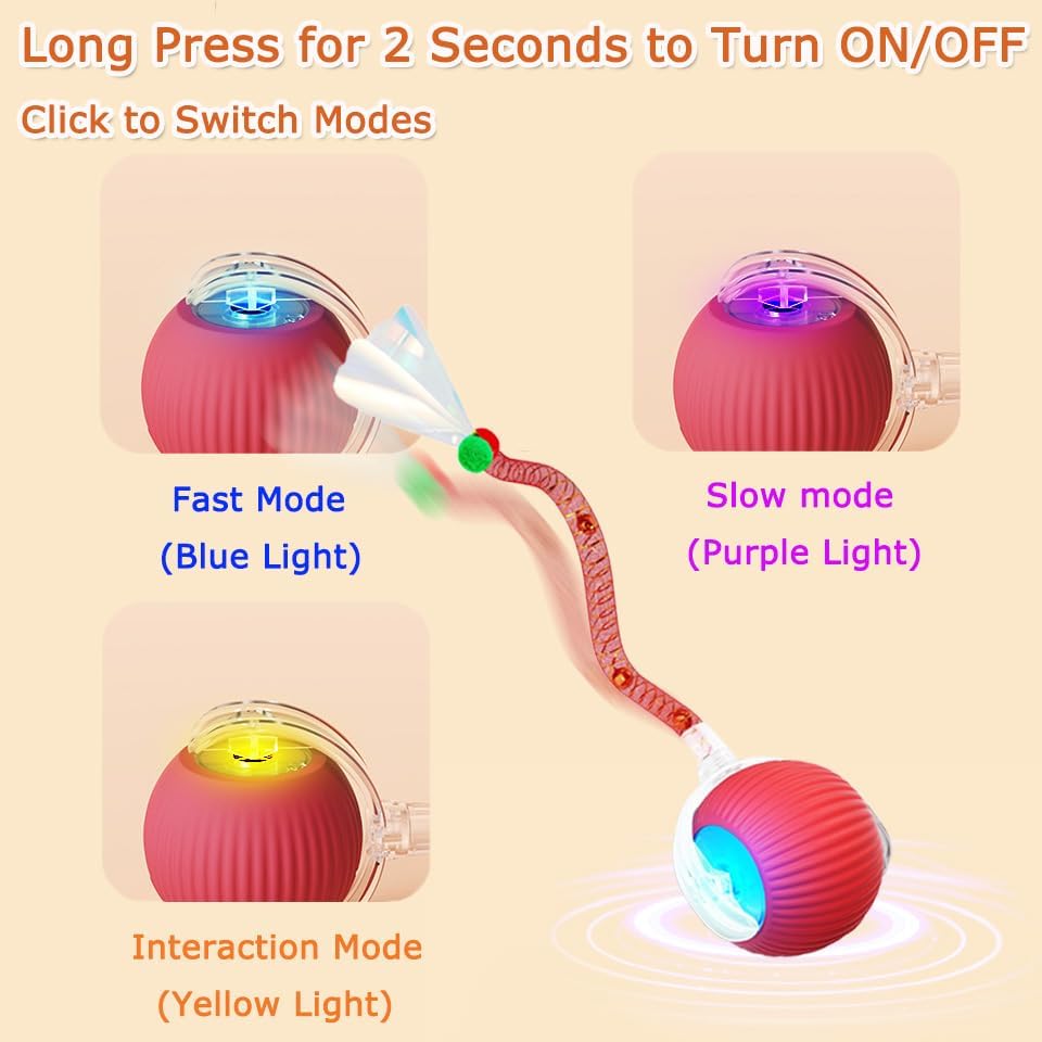 2PCS Interactive Cat Toys for Indoor Cats,New Generation Interactive Cat Ball Toy with Elastic Mesh Tail,Automatic Cat/Kitten Toys with Chirping & Motion Activate,Cat Toys for Bored Indoor,Red & Gray - Image 5