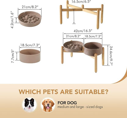 Ceramic Raised Slow Feeder Dog Bowl Set, Elevated 7.3inch Bowl and 8.2inch Slow Pet Food Dish with Wooden Stand for Medium and Large Dog (2 x Brown Coffee+ Stand)