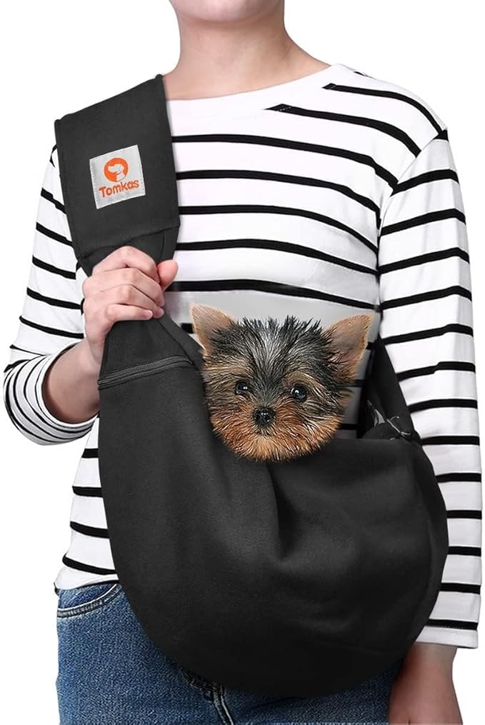 Tomkas Small Dog Cat Sling Carrier Puppy Purse Travel Wrap Soft Crossbody Pet Bag (Black, M - Zip Pocket & Adjust Strap)