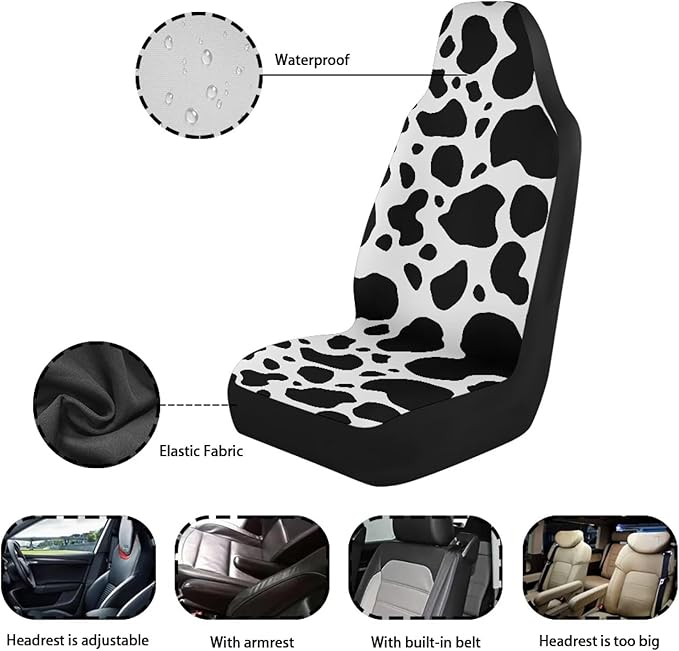 Cow Print Car Seat Covers Waterproof Car Seat Covers Full Set of 2 Easy Installation Breathable Front Seat Cover Cars Accessories Suitable for Cars, SUV and Trucks