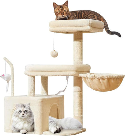 Taoqimiao MS043M Cat Tree, 32.2-Inch Cat Tower for Indoors Cats, Cat Condo with Large Cat Perch, Spacious Cat Cave, Scratching Posts for Small and Medium Cats, Beige