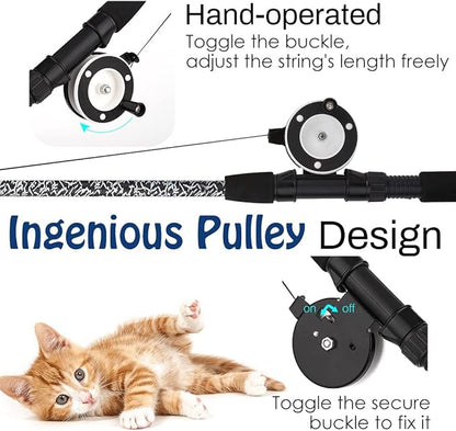 Pawaboo Interactive Cat Toy, Retractable Cat Fishing Rod with 3 Replacement Fishing Lures Made of Feathers and Bells, Adjustable Line Length, Feather Teaser for Cats, Kittens, Fun, Blue