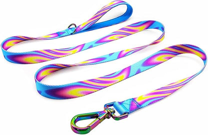 6FT Dog Leash, Strong Nylon Tie Dye Dog Lead with Heavy Duty Holographic Laser Hardware Comfortable Padded Handle Leash for Medium Large Dogs