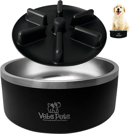 64 oz Premium Insulated Stainless Steel Dog Bowl - Non-Slip, Spill-Proof, BPA-Free - Includes A Slow Feeder Insert, Dog Dish, Water and Food Bowl Feeding of Large and Medium Dogs - Black