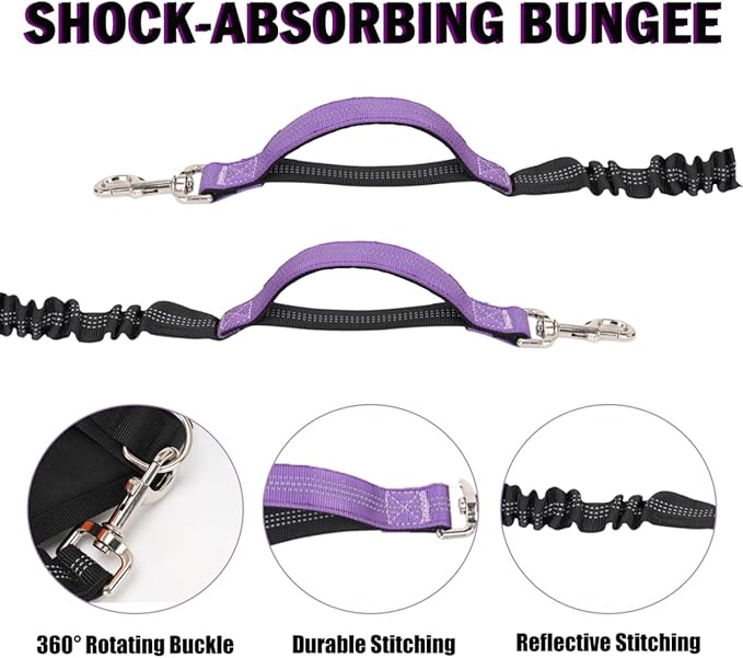 Hands Free Dog Leash for 2 Dogs, Adjustable Waist Belt, Reflective Stitching Leash with Double Padded Handles for Running, Hiking