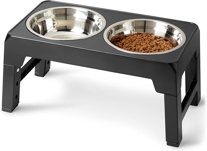 Amazon Basics Elevated Dog Bowls Stand, Height Adjustable Raised Pet Feeder Dish Station with Non-Slip Base, Stainless Steel Bowls, 17.3 x 9.4 x 12 in, Black