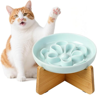 Elevated Slow Feeder Cat Bowl - Melamine Cat Dish with Anti-Slip Bamboo Stand - Whisker Friendly Feeding Bowl - Floral Maze Food Plate for Slow Eating - Blue