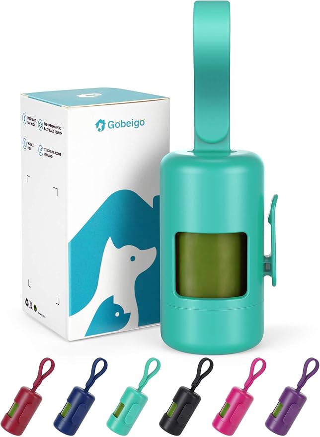 Gobeigo Dog Poop Bag Holder【Convenient Hook for Used Bags】【Silicone Strap Fits Any Leash】【Large Opening for Easy Dispensing】with 1 Roll Waste Bags (Turquoise)