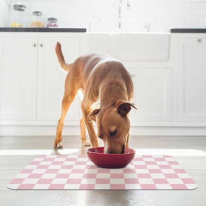 Checkered Dog Food Mat, Absorbent Leak-Proof Pet Feeding Mat, Quick Dry Cat Food Mat for Messy Drinkers 12" x 20" Pink