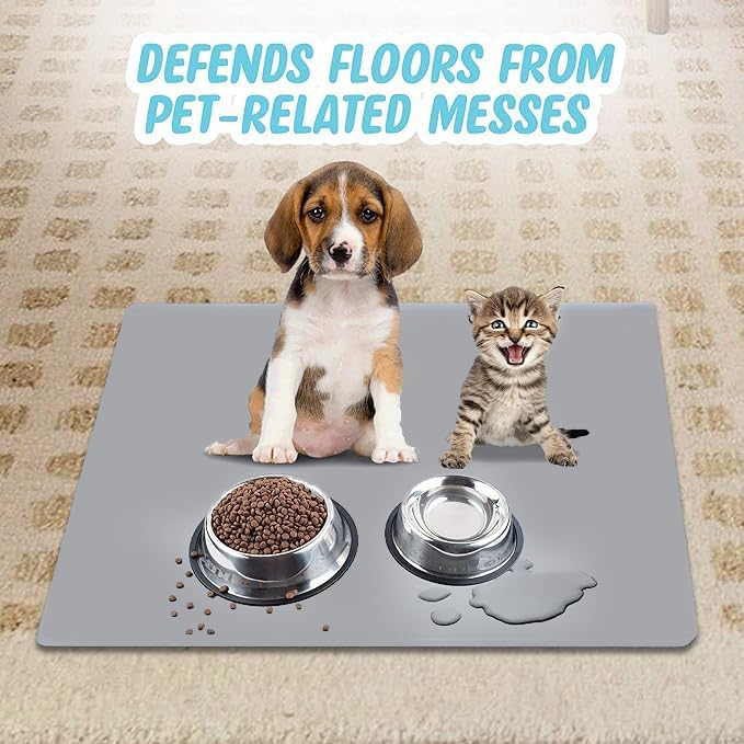 TidyFriend Pet Food Mat 30 x 36” - Pet Tray for Food and Water - Silicon Cat & Dog Feeding Tray - Large Non Slip Waterprood Feeding Placemat - Easy to Clean (Light Grey)