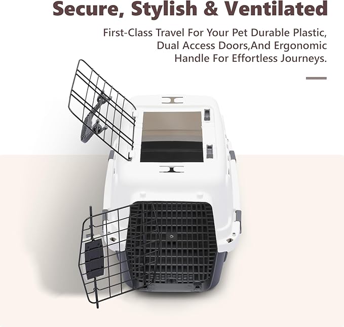 Athena Collection 18" Hard-Sided Travel Pet Carrier for Small Dogs and Cats, Plastic Dog Carriers with 2-Door Top & Front Load & Ventilation & Security Lock, Cat Dog Carrier for Pet, up to 10lbs, Grey