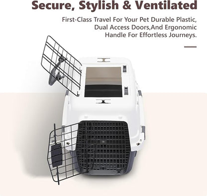 Athena Collection 18" Hard-Sided Travel Pet Carrier for Small Dogs and Cats, Plastic Dog Carriers with 2-Door Top & Front Load & Ventilation & Security Lock, Cat Dog Carrier for Pet, up to 10lbs, Grey