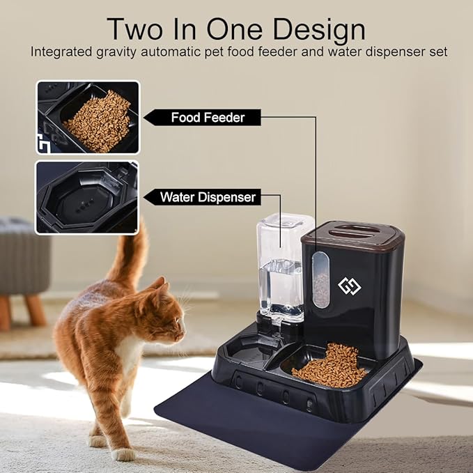 Gravity Cat Feeder and Automatic Water Dispenser for Dogs, 3 in 1 Spill-Proof Cat Feeding Station, Black Premium Design with Absorbent Mat, Easy to Clean