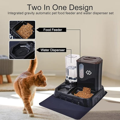 Gravity Cat Feeder and Automatic Water Dispenser for Dogs, 3 in 1 Spill-Proof Cat Feeding Station, Black Premium Design with Absorbent Mat, Easy to Clean