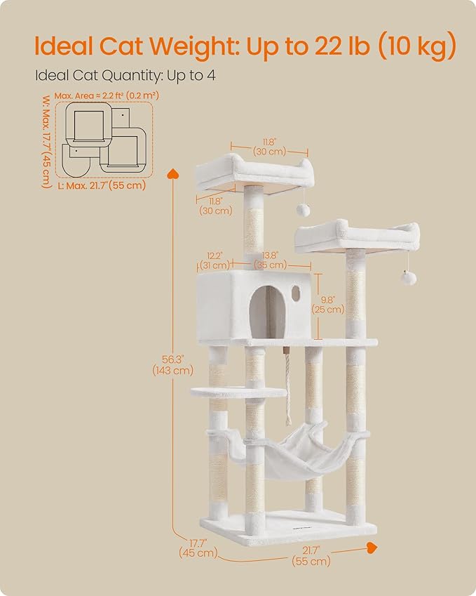 Feandrea Cat Tree, 56.3-Inch Cat Tower, Multi-Level Plush Condo with 11 Scratching Posts, 2 Perches, Hammock, Cave, Cream White UPCT015W02