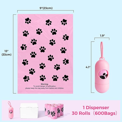 Dyforce 600 Count Dog Poop Bags Rolls with Dispenser, Scented Leak Proof Pet Waste Poop Bags for Dogs 13x9", Extra Thick and Large Doggy Cat Litter Bags for Poops with Holder, Pink