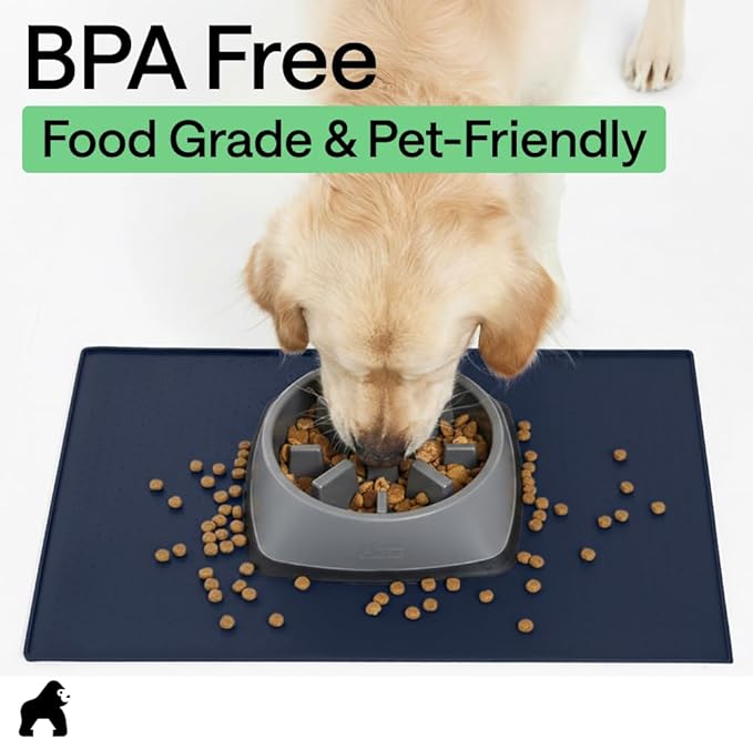 GORILLA GRIP 100% Waterproof Raised Edge BPA Free Silicone Pet Feeding Mat, Dog Cat Food Mats Contain Spills Protects Floors, Placemats for Cats and Dogs Water Bowl, Pets Accessories 18.5x11.5 Navy